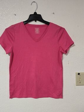 L.L. Bean Women's V-Neck Short Sleeve T-Shirt in Hot Pink